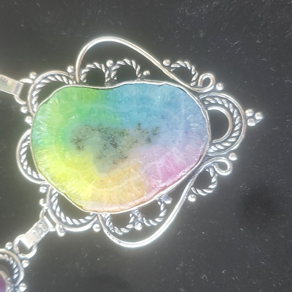 New Rainbow Solar Quartz Agate and Amethyst 925 Silver Necklace. - Picture 3 of 8